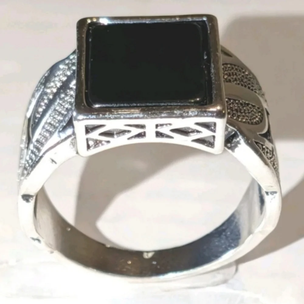 14k White gold Plated Over Sterling silver Turkish Gemstone Black Onyx Mens Ring